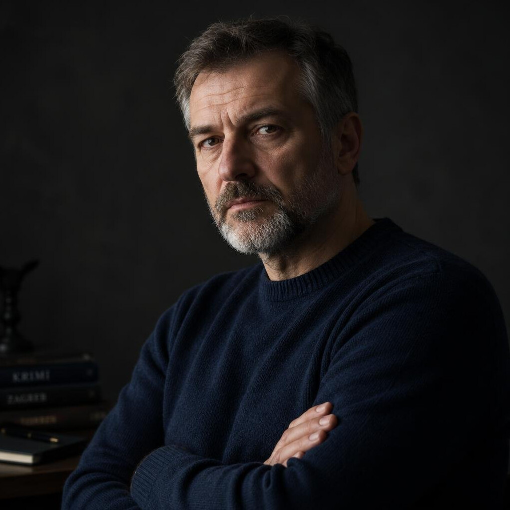 Studio portrait of a serious middle-aged Croatian man in a dark sweater