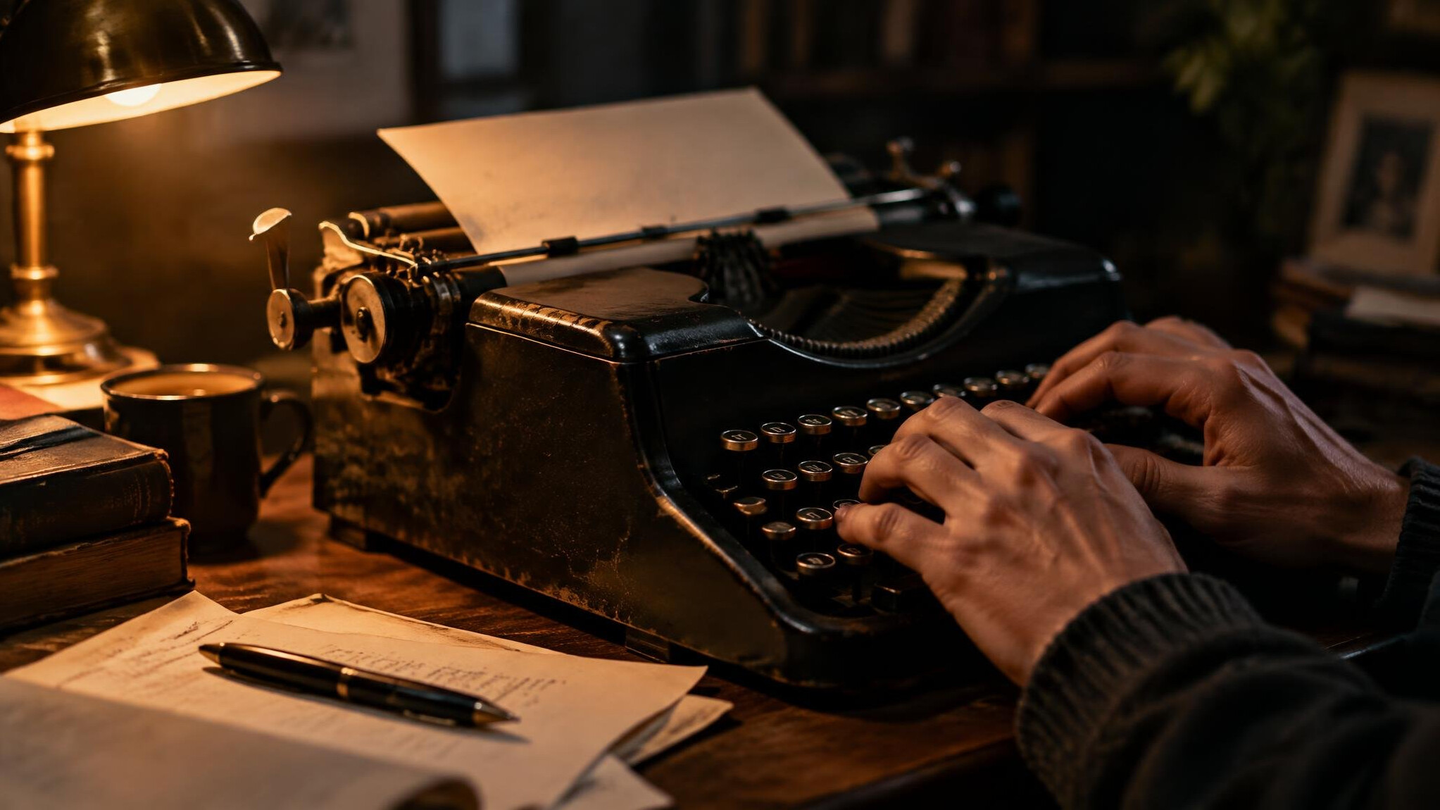 Close-up of hands typing on a vintage typewriter