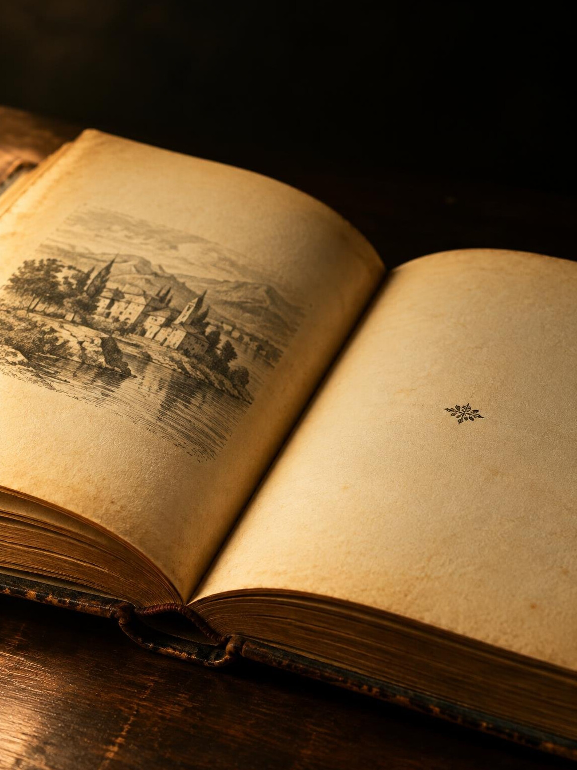 Open old book with yellowed pages under warm light