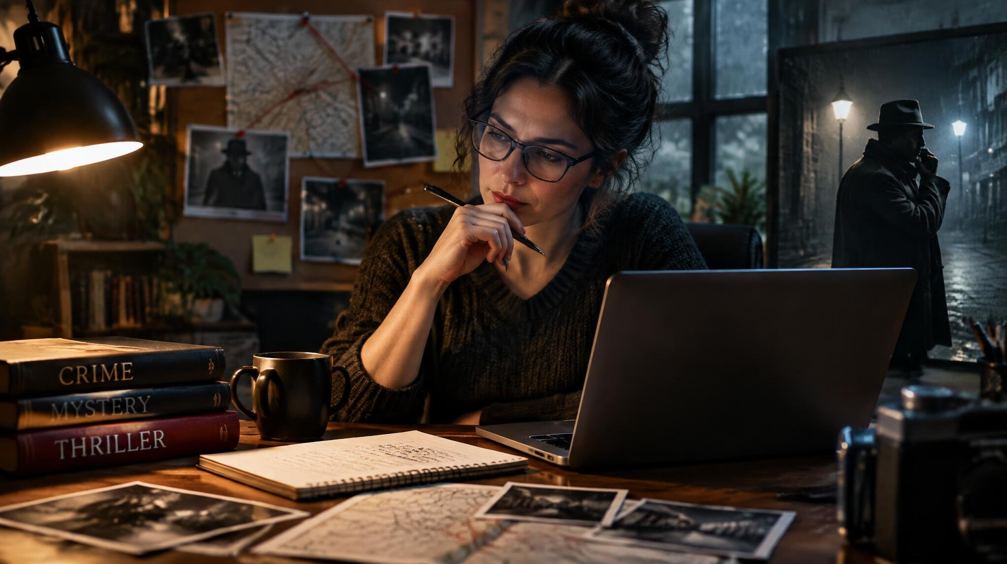 mystery writer at desk