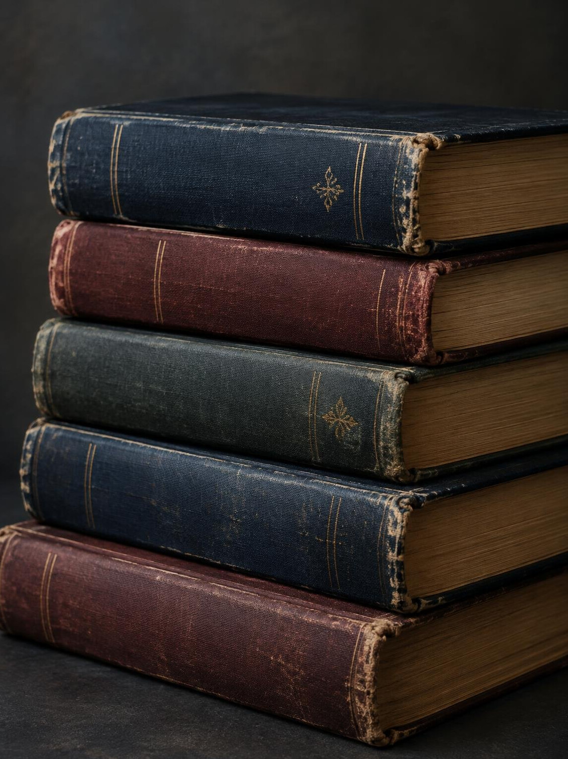Stack of old worn hardcover books with dark covers