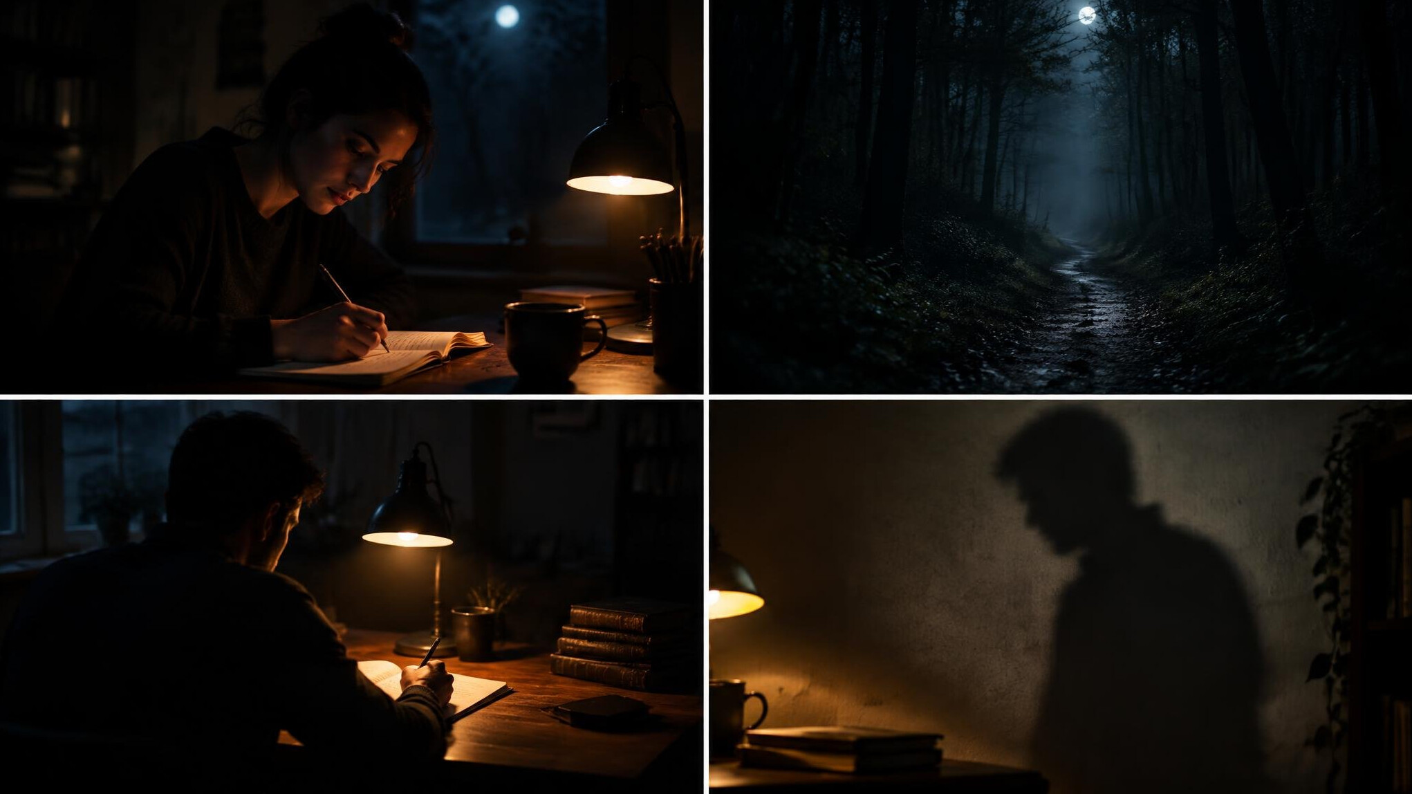 person writing in notebook at night