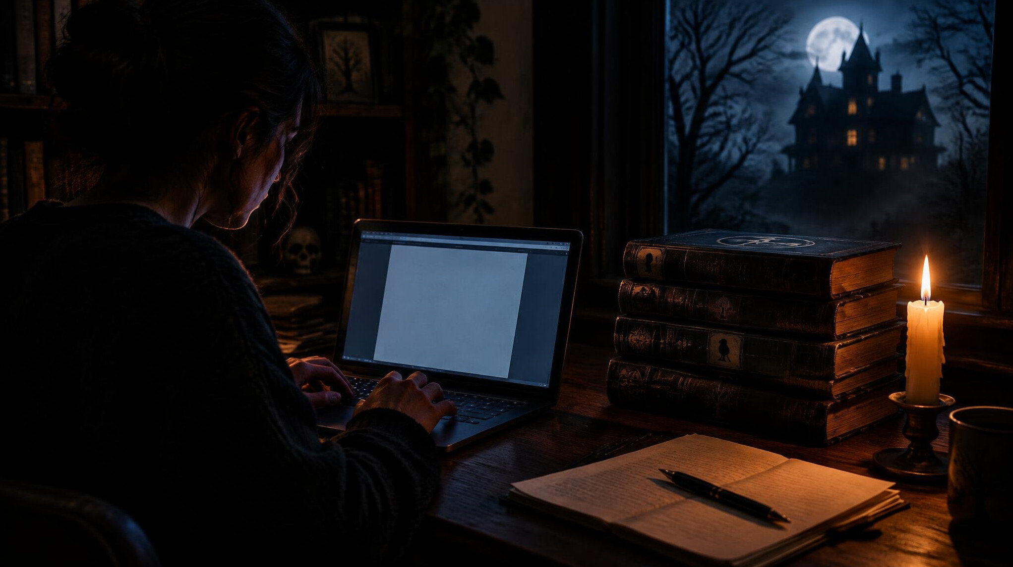 writer typing on laptop in dark room